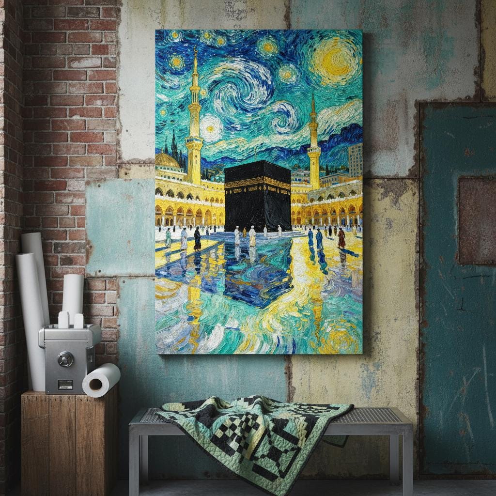 Islamic wall art showing starry night over Mecca mosque