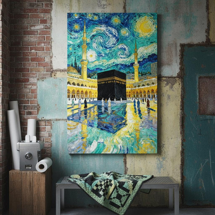 Islamic wall art showing starry night over Mecca mosque