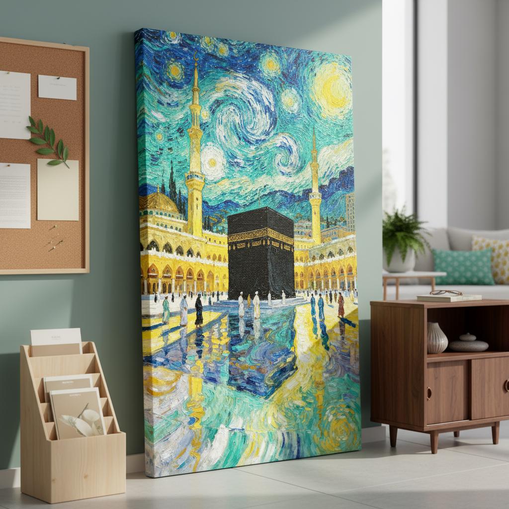 Spiritual Islamic canvas with celestial imagery and mosque silhouette