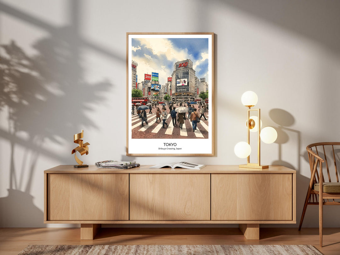 Japanese city travel poster art in watercolor style