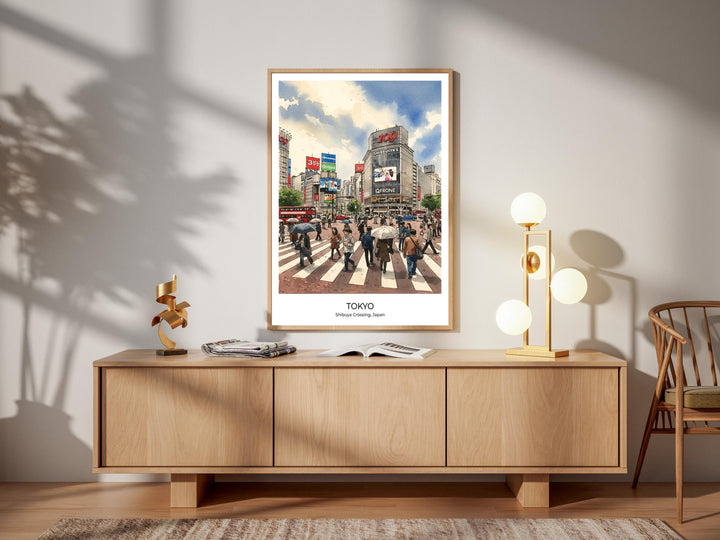 Japanese city travel poster art in watercolor style