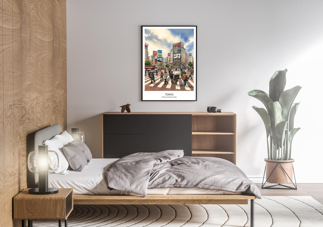 Wide view of Shibuya Crossing watercolor print with city lights