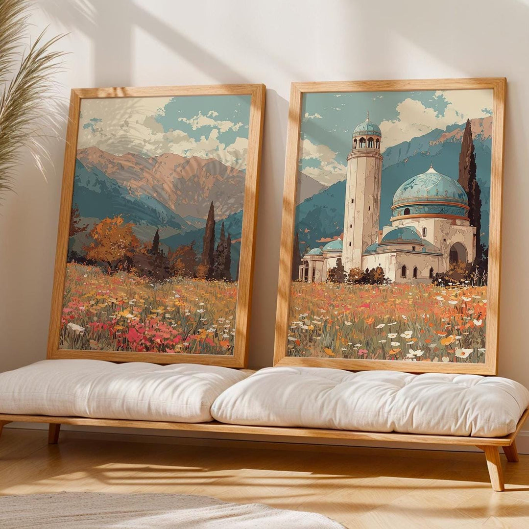 Composite image of Shahada and mosque landscape panels