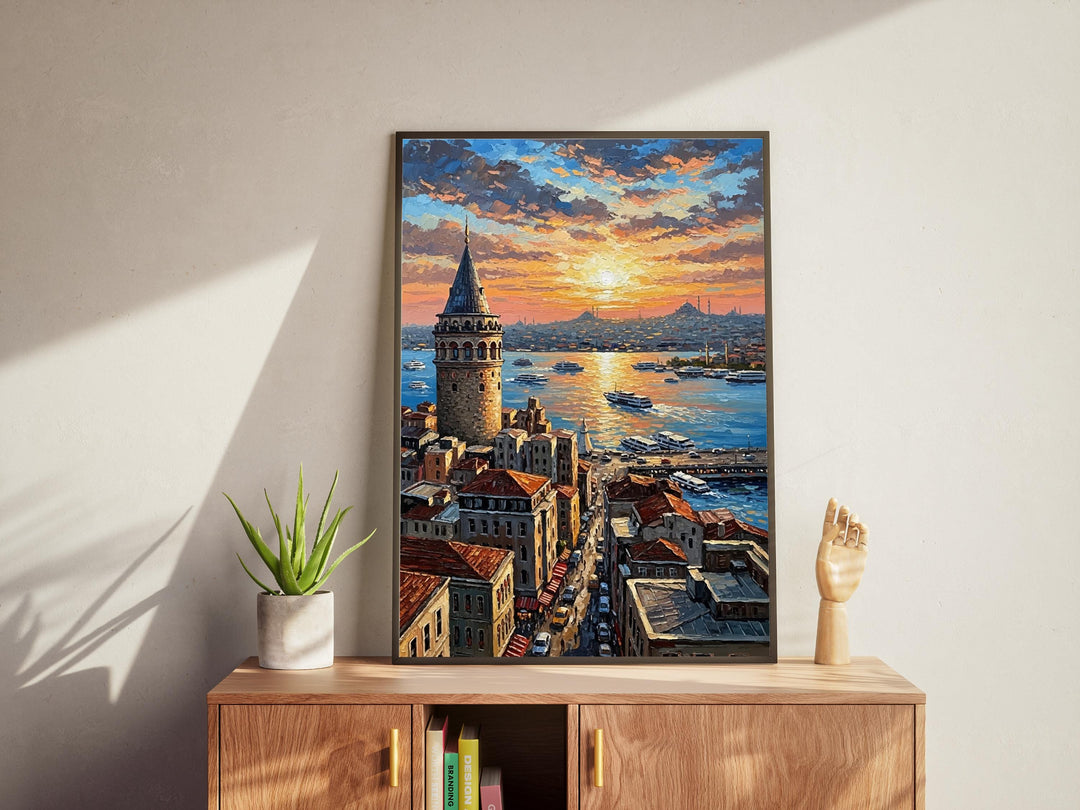 Gallery-ready wall art of Istanbul’s Galata Tower on textured canvas