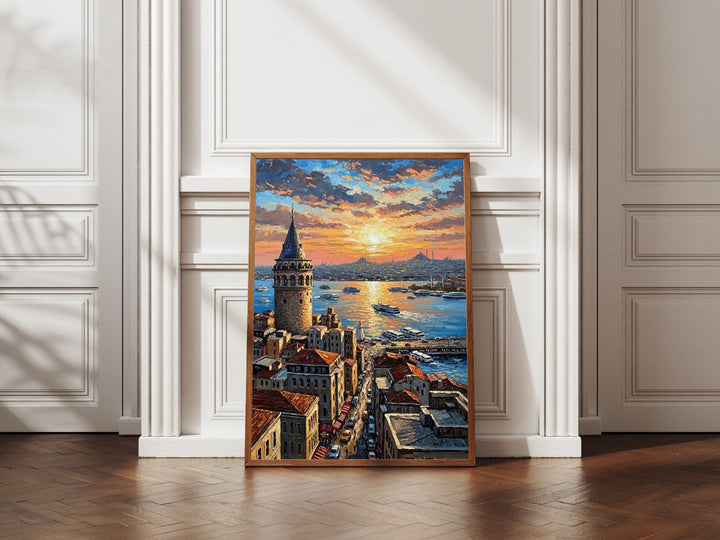 Close-up of textured brush strokes on Galata Tower wall art