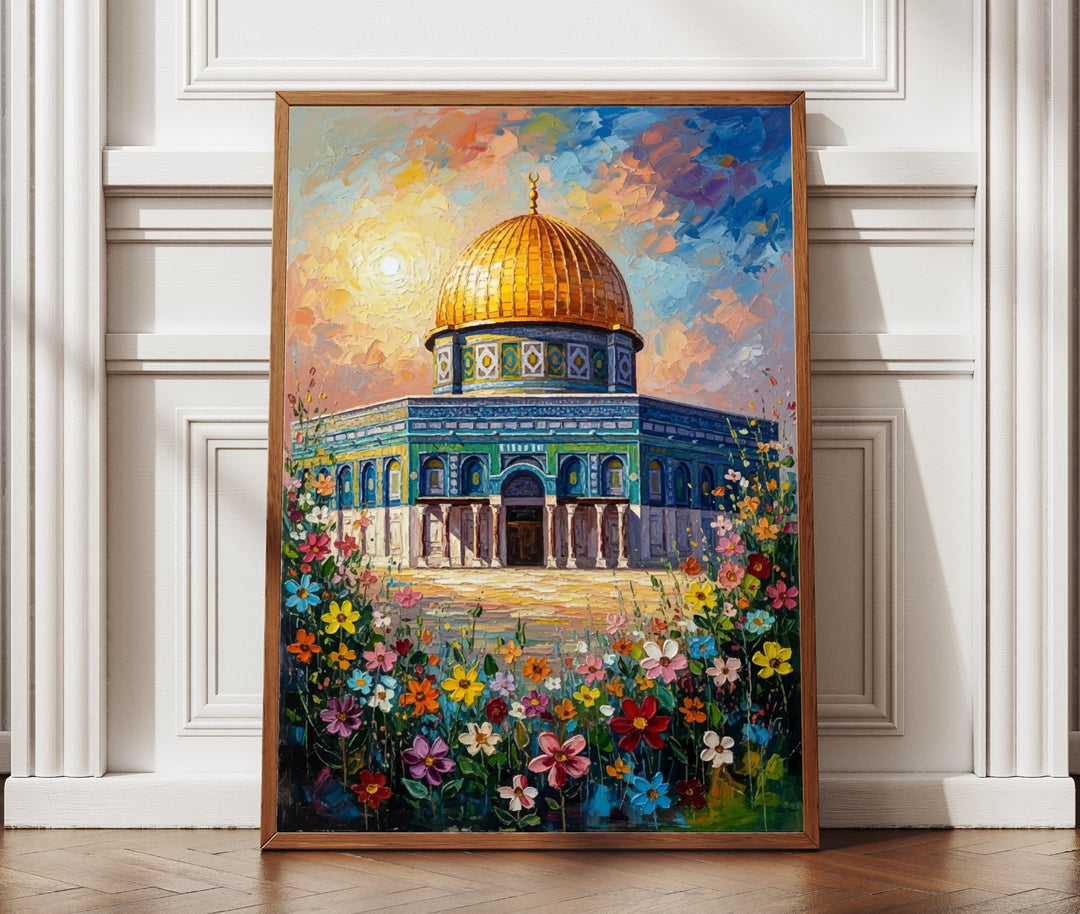 Jerusalem Dome of the Rock oil painting texture with golden sunlit dome on canvas
