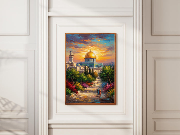 Artistic Jerusalem skyline featuring Dome of the Rock at dusk