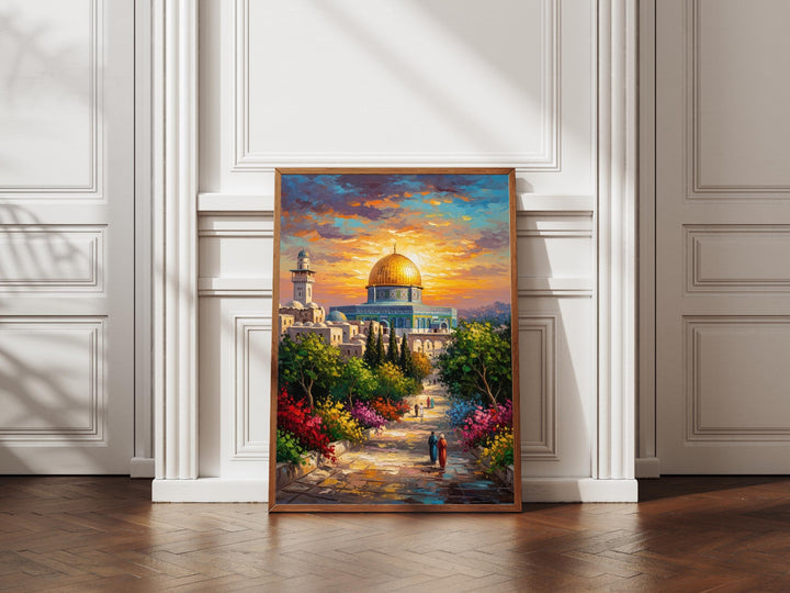 Close-up of warm sunset tones over Dome of the Rock and Al-Aqsa Mosque