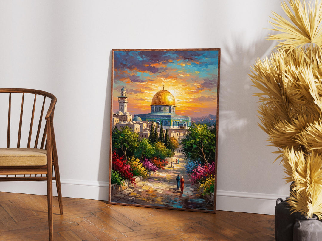 Oil painting style depiction of Dome of the Rock and Al-Aqsa in warm hues