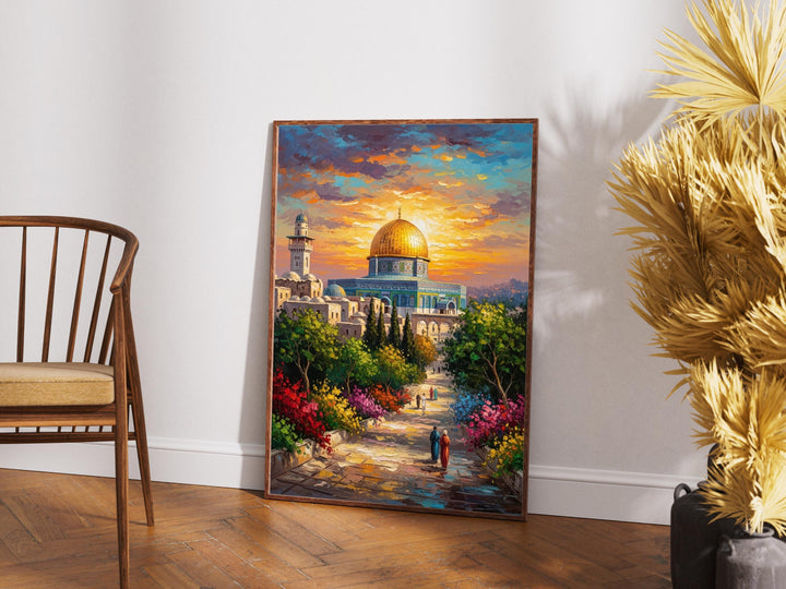 Oil painting style depiction of Dome of the Rock and Al-Aqsa in warm hues