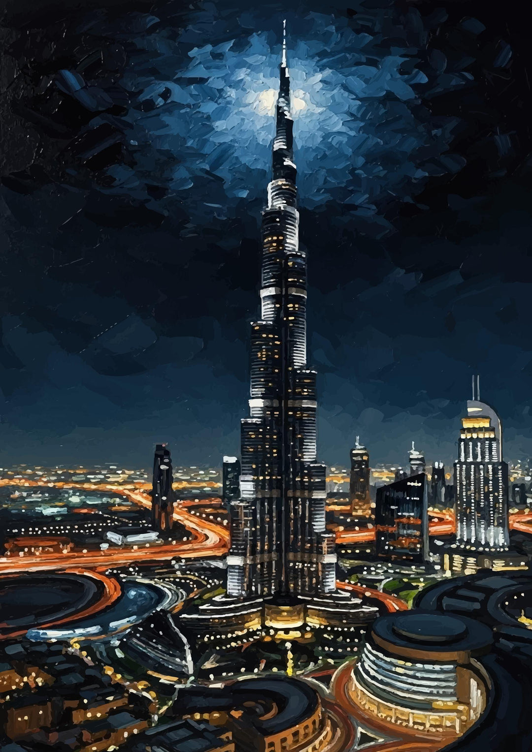 Detailed texture of nighttime Burj Khalifa artwork