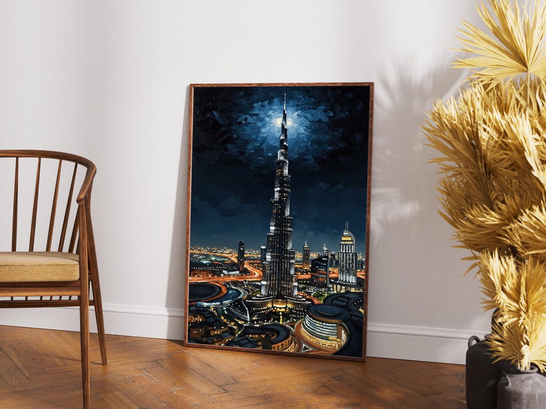 Evening Dubai skyline art print with textured finish