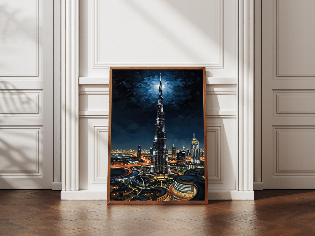 Dubai night cityscape wall art with brush texture