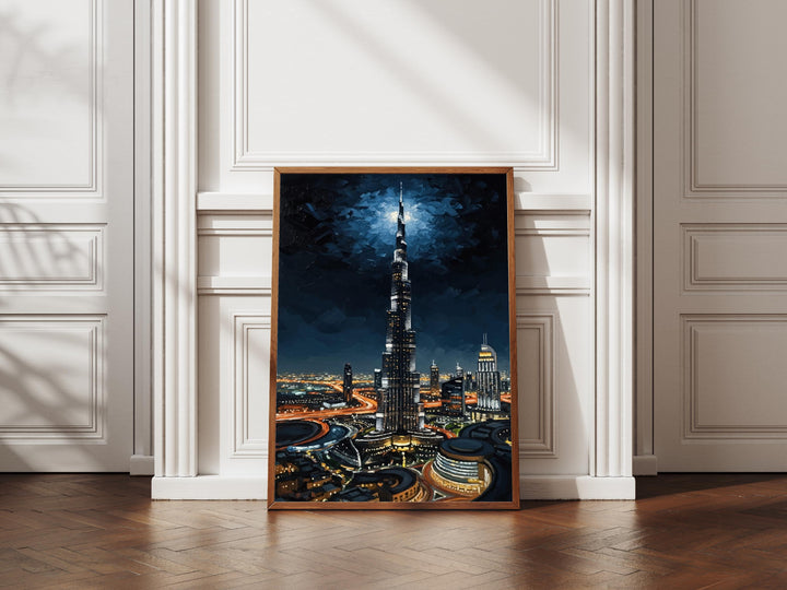 Dubai night cityscape wall art with brush texture