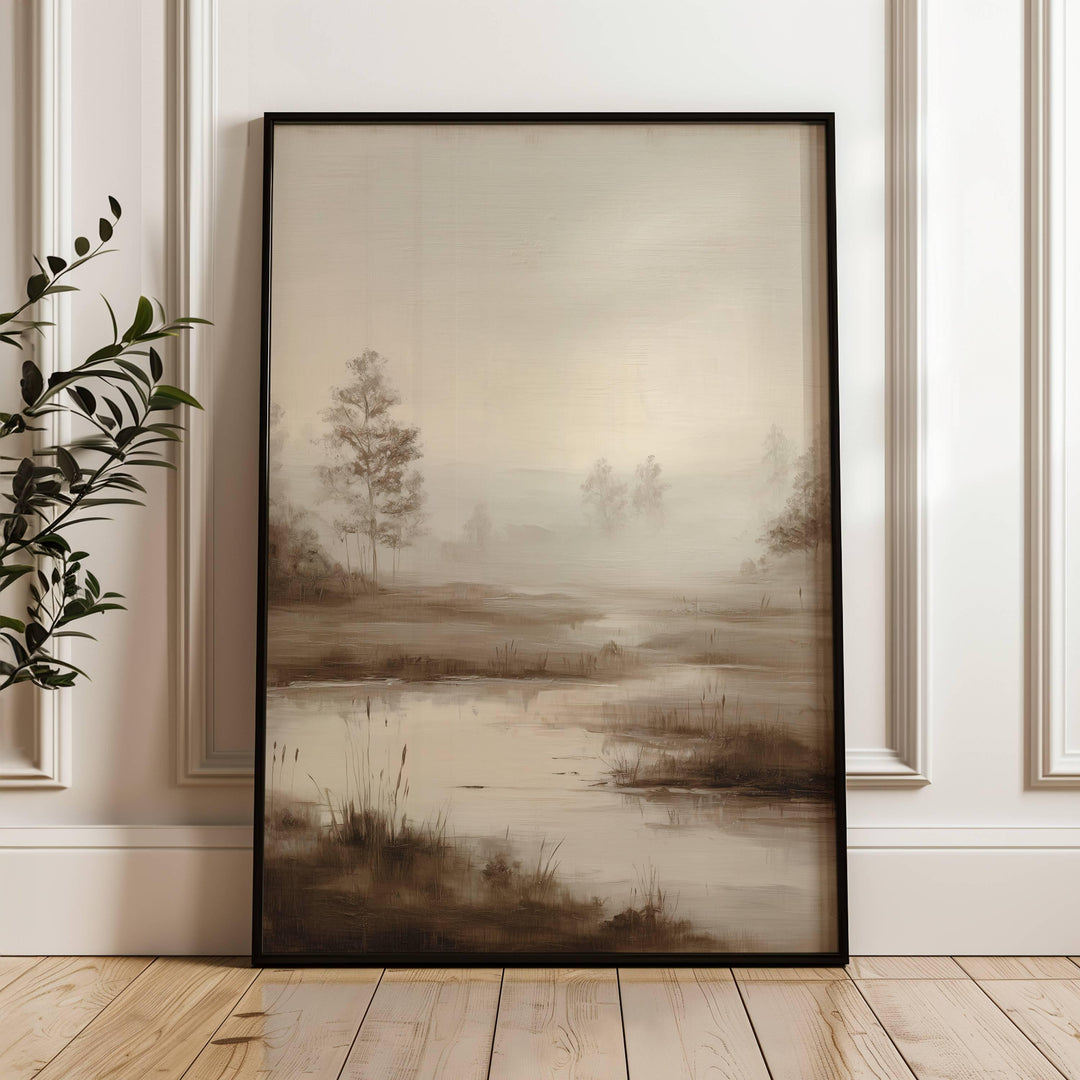 Dreamy tranquil landscape in soft neutral sepia tones on canvas