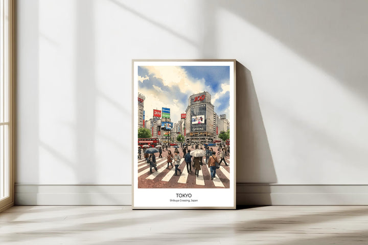 Shibuya Crossing travel poster style with bustling crosswalk scene