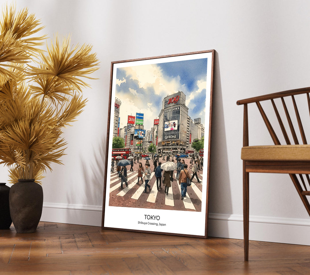 Vibrant pink and blue watercolor hues in Shibuya Crossing print