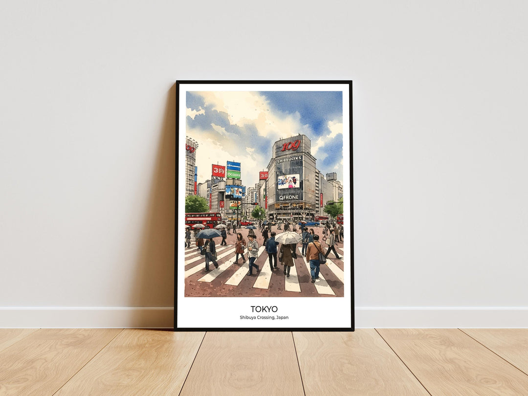 Close-up texture of watercolor brushstrokes in Tokyo travel poster