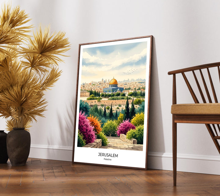 dome of the rock scene in soft gold and blue watercolor wash