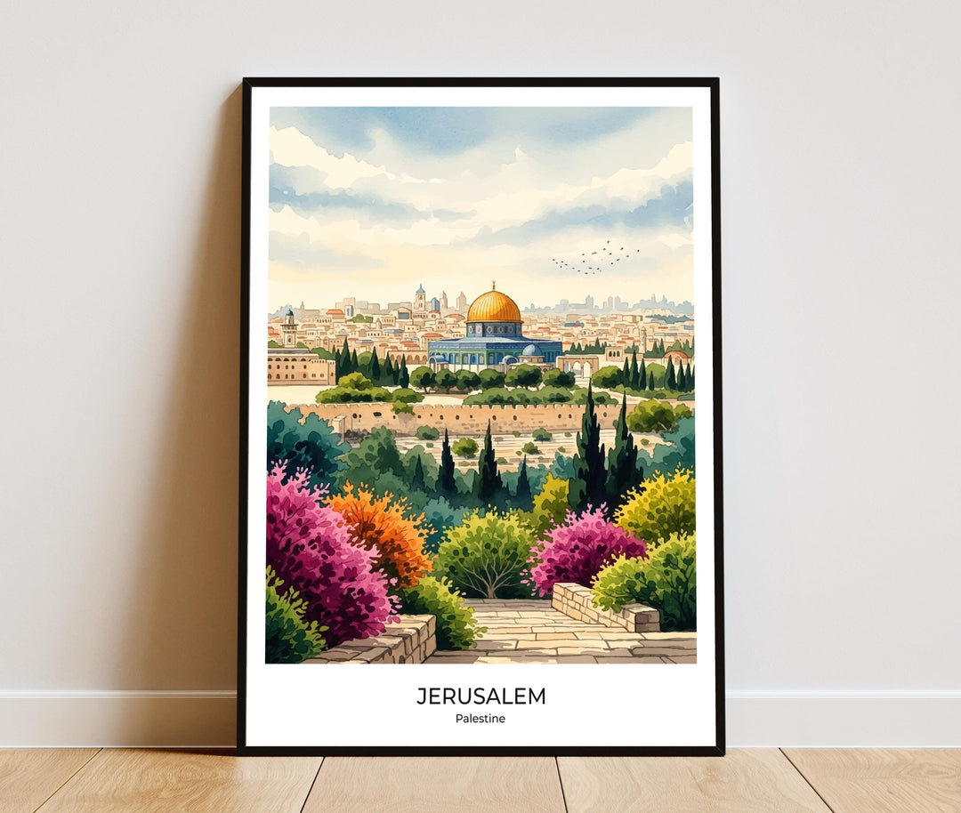 jerusalem dome of the rock watercolor print with golden dome close-up