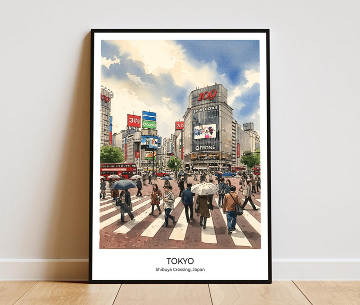 Shibuya Crossing watercolor art print with neon reflections and city lights