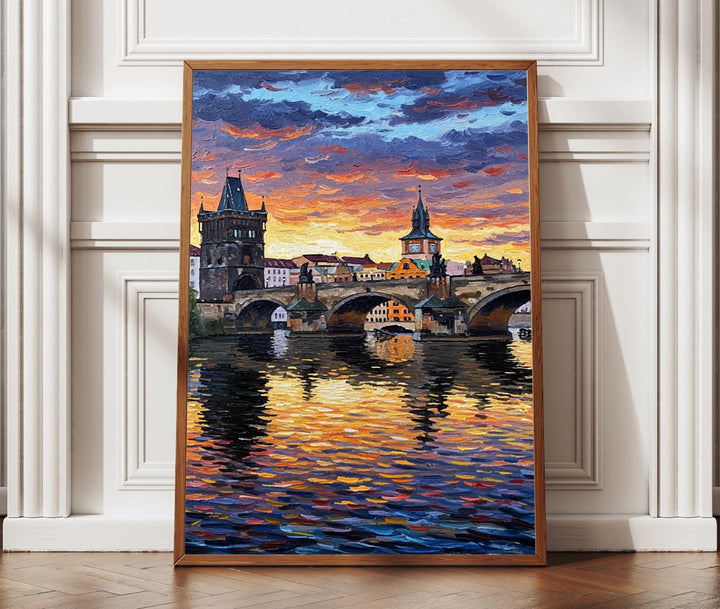 Prague Charles Bridge sunset oil painting on textured canvas