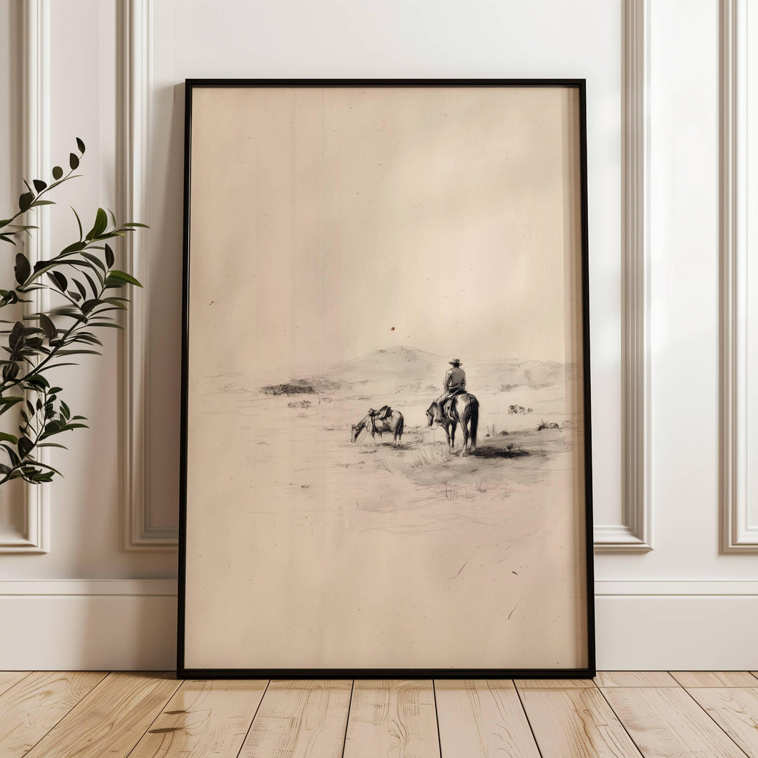 Vintage western cowboy print featuring a detailed horse sketch on aged paper feel