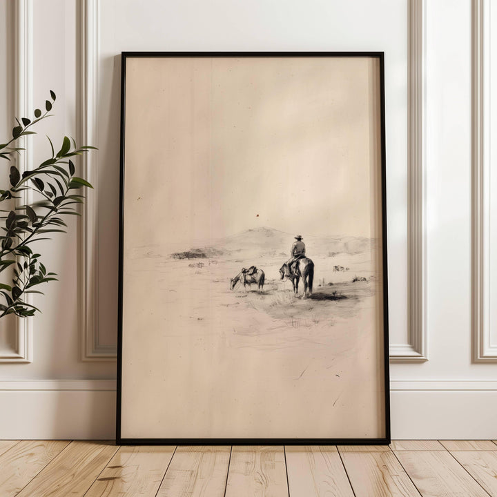 Vintage western cowboy print featuring a detailed horse sketch on aged paper feel