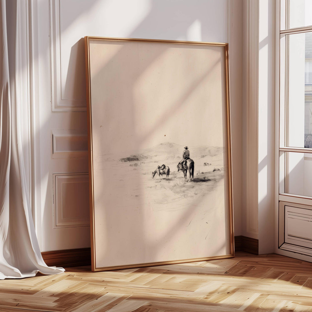 Texas Wrangler-inspired sketch with rider and horse in western landscape