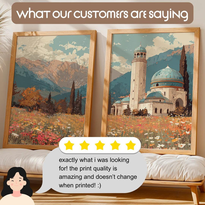 Mosque landscape panel with soft sky tones in abstract Islamic art collection