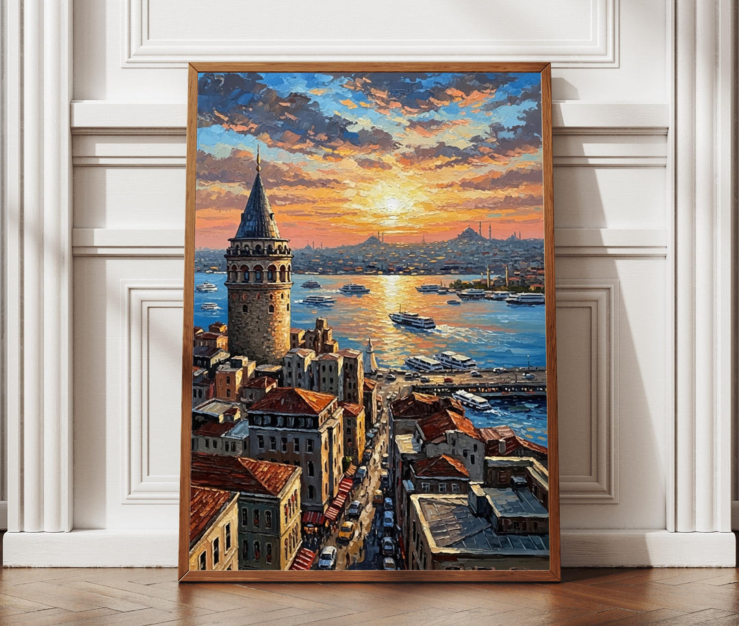 Galata Tower Istanbul oil painting-inspired wall art on textured canvas, full view