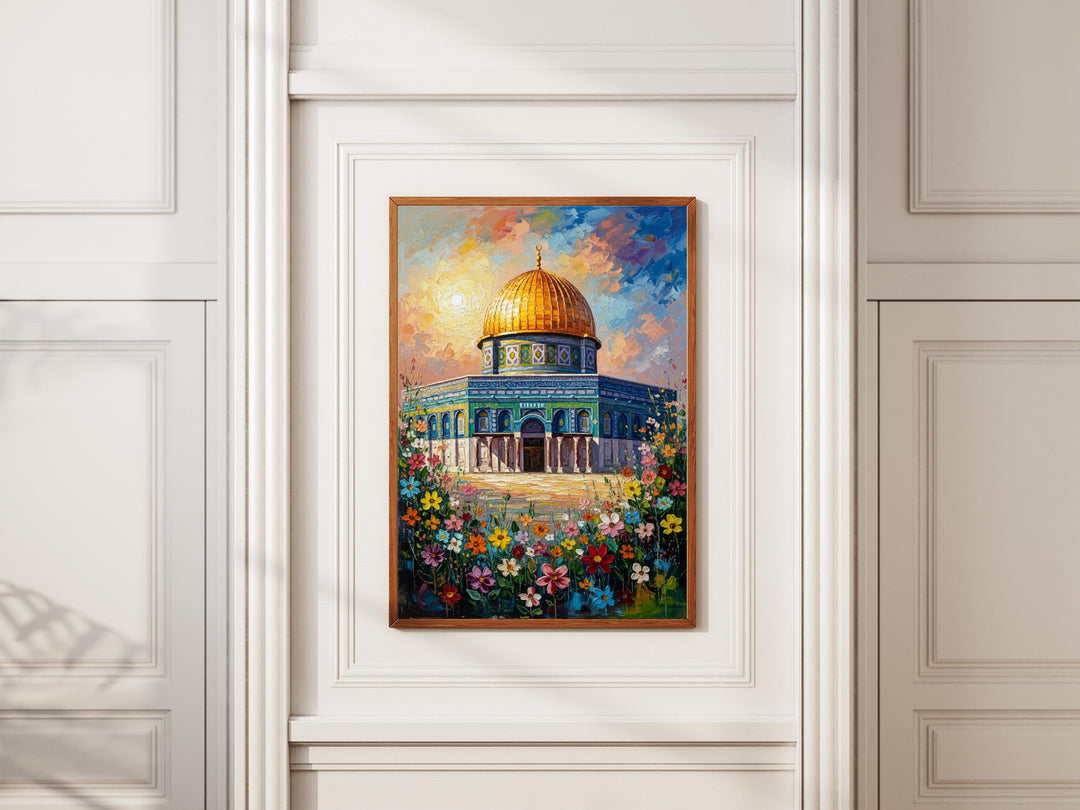 Islamic art composition with golden tones and domed mosque motif