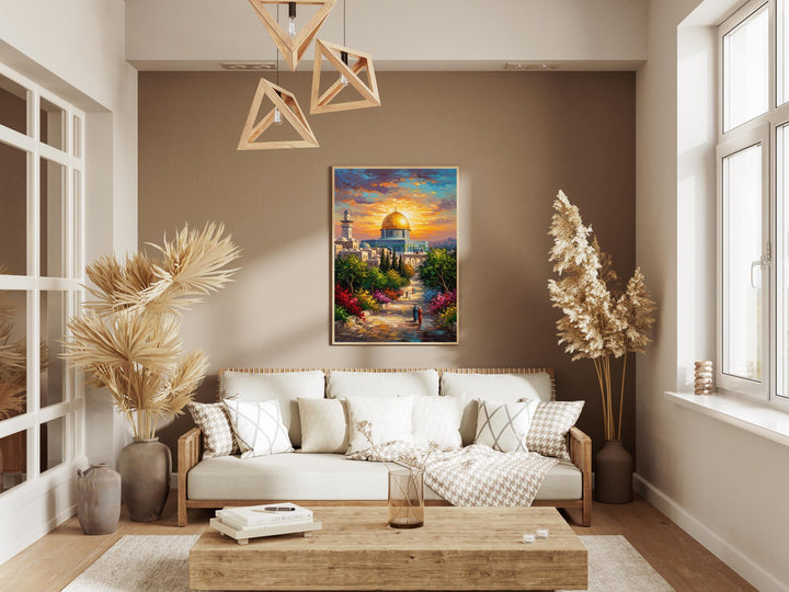 Detailed artwork highlighting sacred architecture in warm sunset tones