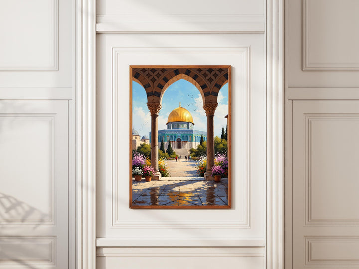 Golden dome detail emphasized in rich amber and cream palette