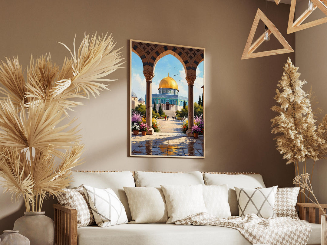 Decorative travel poster quality wall art with Arabic calligraphy accents