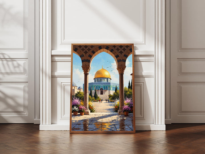Islamic geometric backdrop with sacred mosque silhouette in warm tones