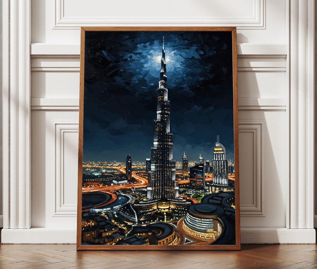 Burj Khalifa night skyline textured oil painting art print close up