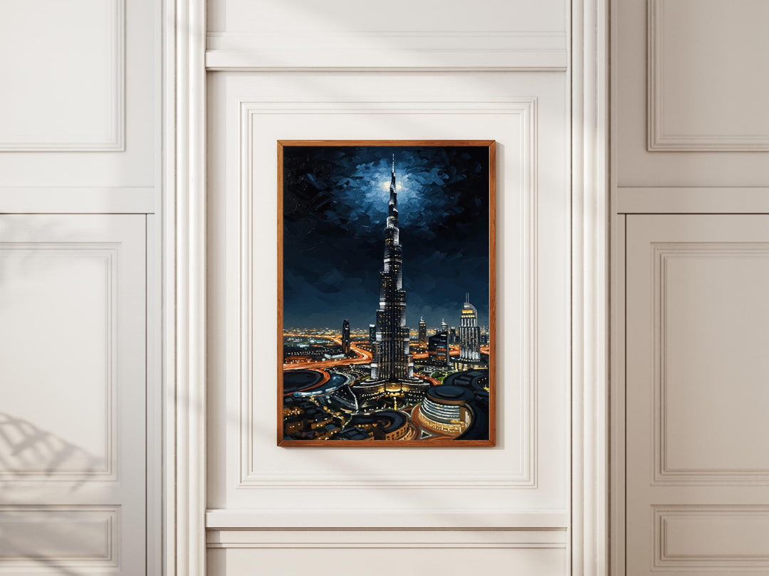 Burj Khalifa illuminated tower at night in oil painting style
