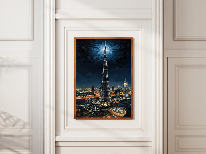 Burj Khalifa illuminated tower at night in oil painting style