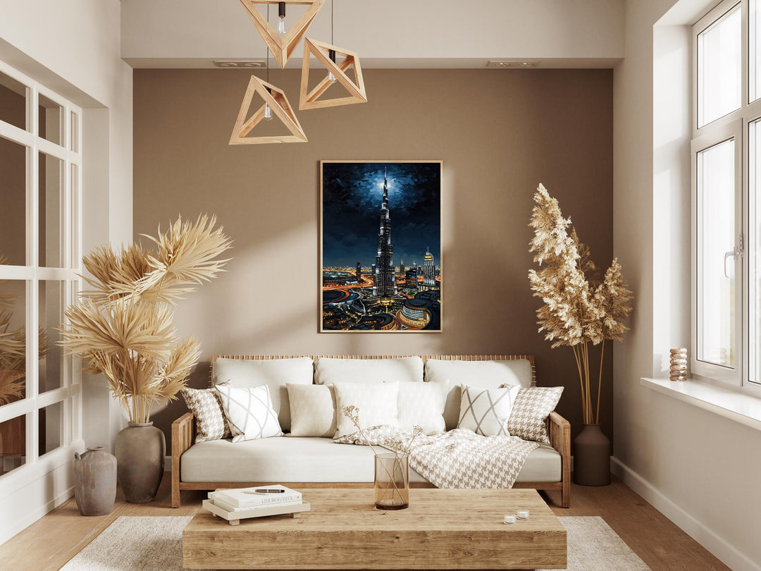 Dubai travel poster art with oil painting texture and glow