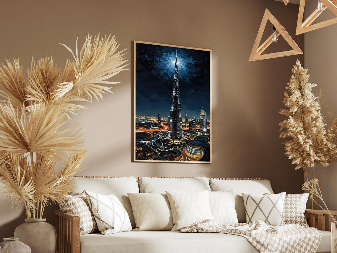 Wide view Burj Khalifa night cityscape textured print