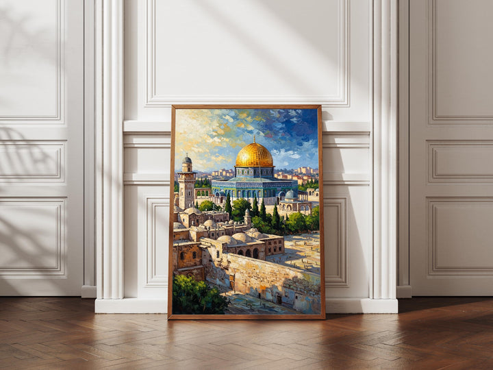 Islamic art travel poster style print featuring Dome of the Rock exterior