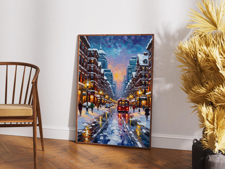 Close-up of textured oil finish showing snow on a Boston street