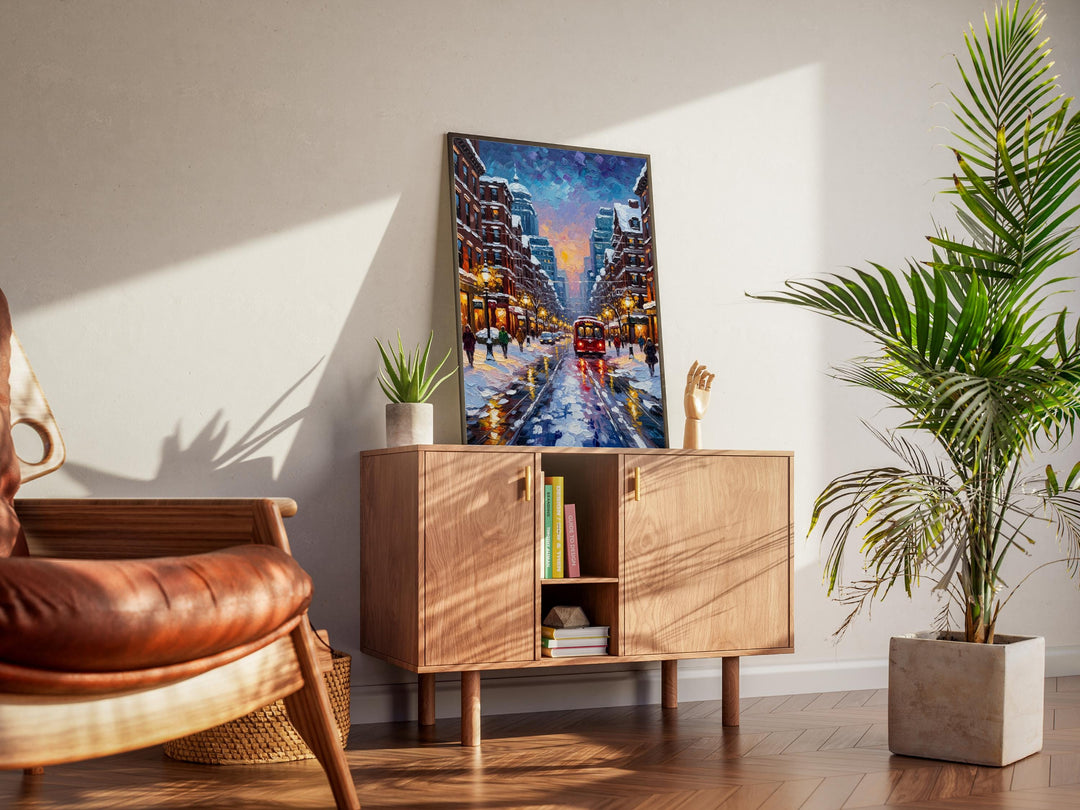 Evening snow over Boston storefronts, painterly urban art