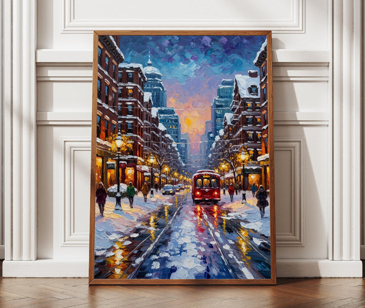Boston winter city street with snow and historic brick buildings, textured oil painting style