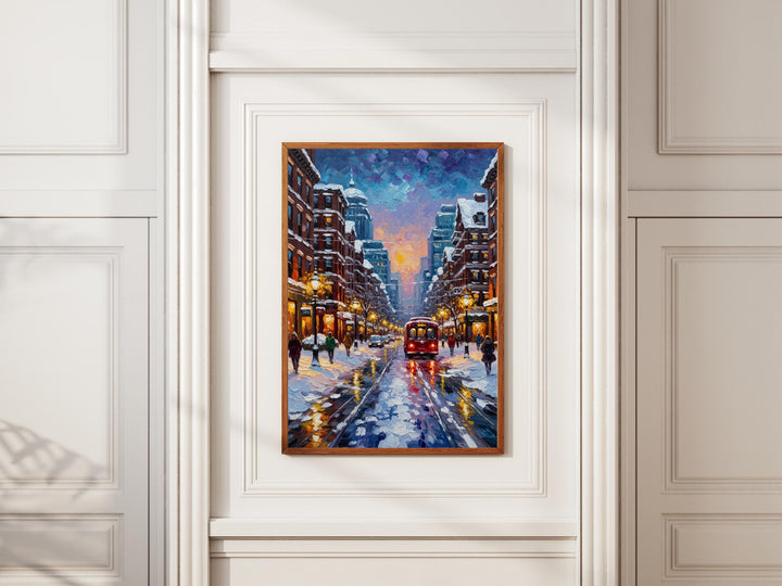 Historic Boston streets in winter, soft snowfall and warm tones