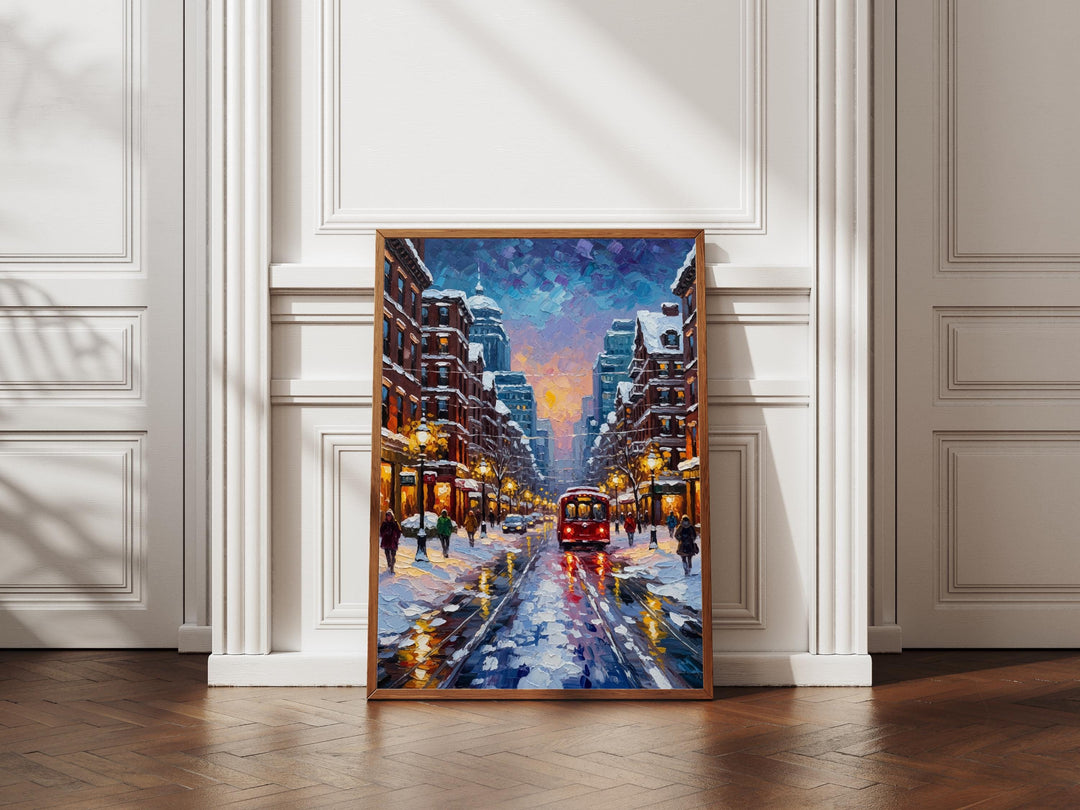 Snowy cobblestone Boston avenue with storefronts, painterly texture