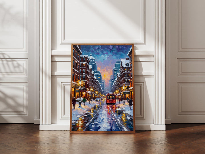 Snowy cobblestone Boston avenue with storefronts, painterly texture