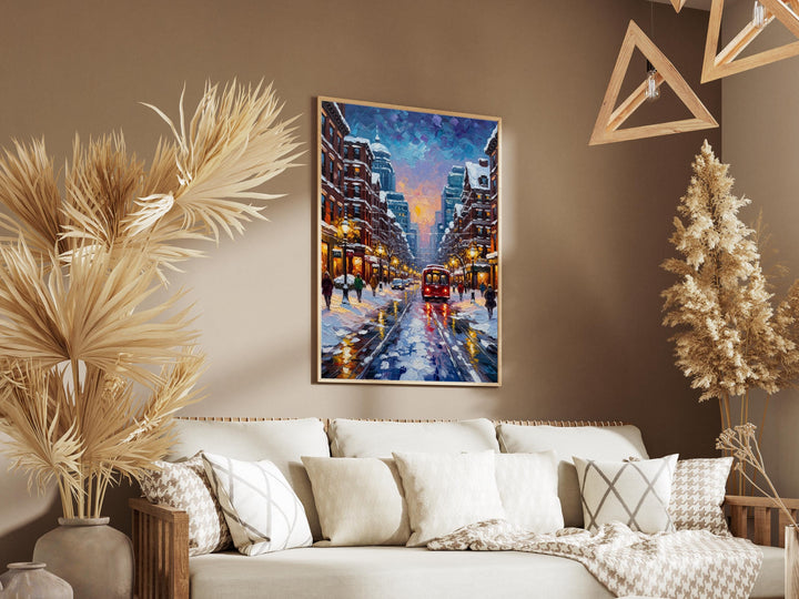 Boston skyline and street corners in textured oil painting style