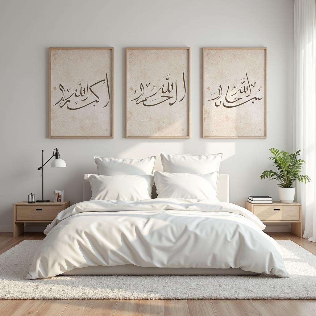 Boho chic Islamic calligraphy wall art in soft beige palette
